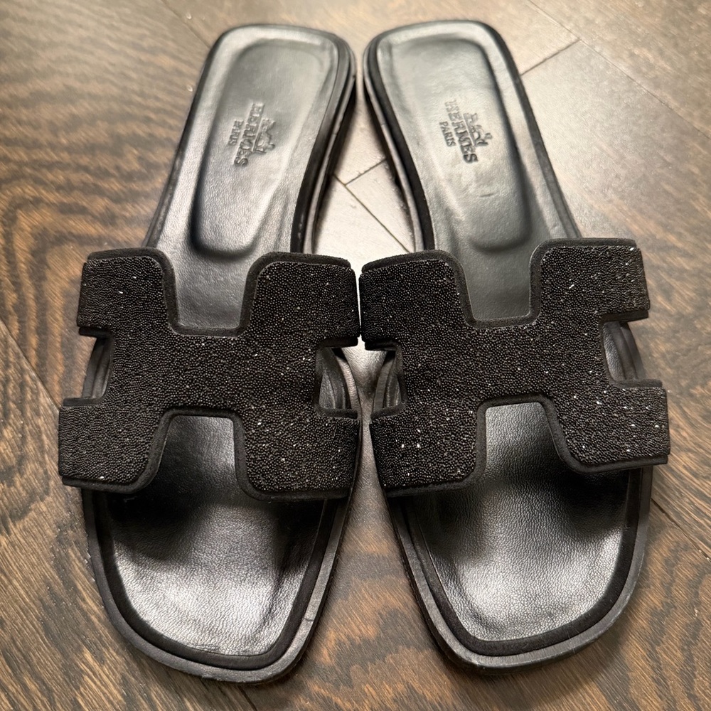 Hermes Black Glitter Oran Sandals 100% Authentic